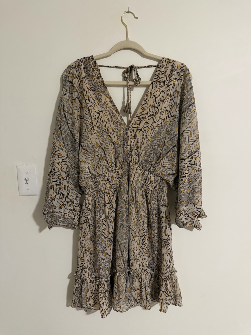 LOVESTITCH Split Long Sleeve Boho Mini Dress Sheer Lined Tassel Open Back Size L